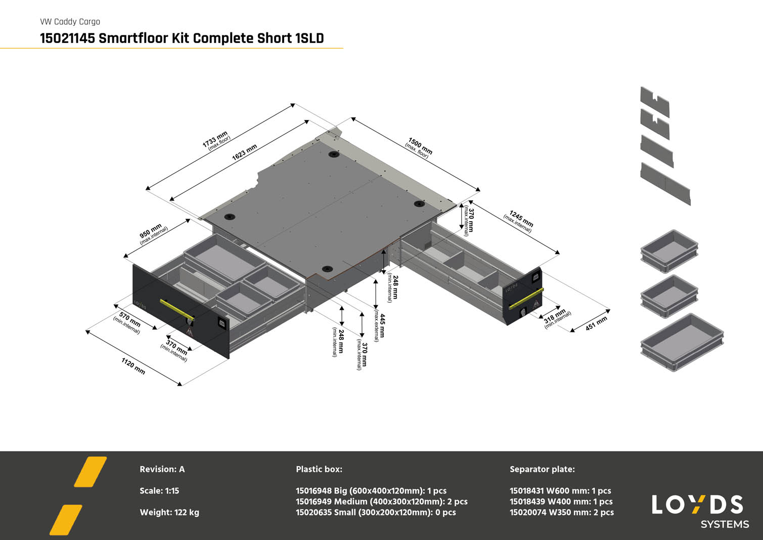 3D-illustration av ett komplett Smartfloor dubbelgolv till Volkswagen Caddy Cargo med en skjutdörr