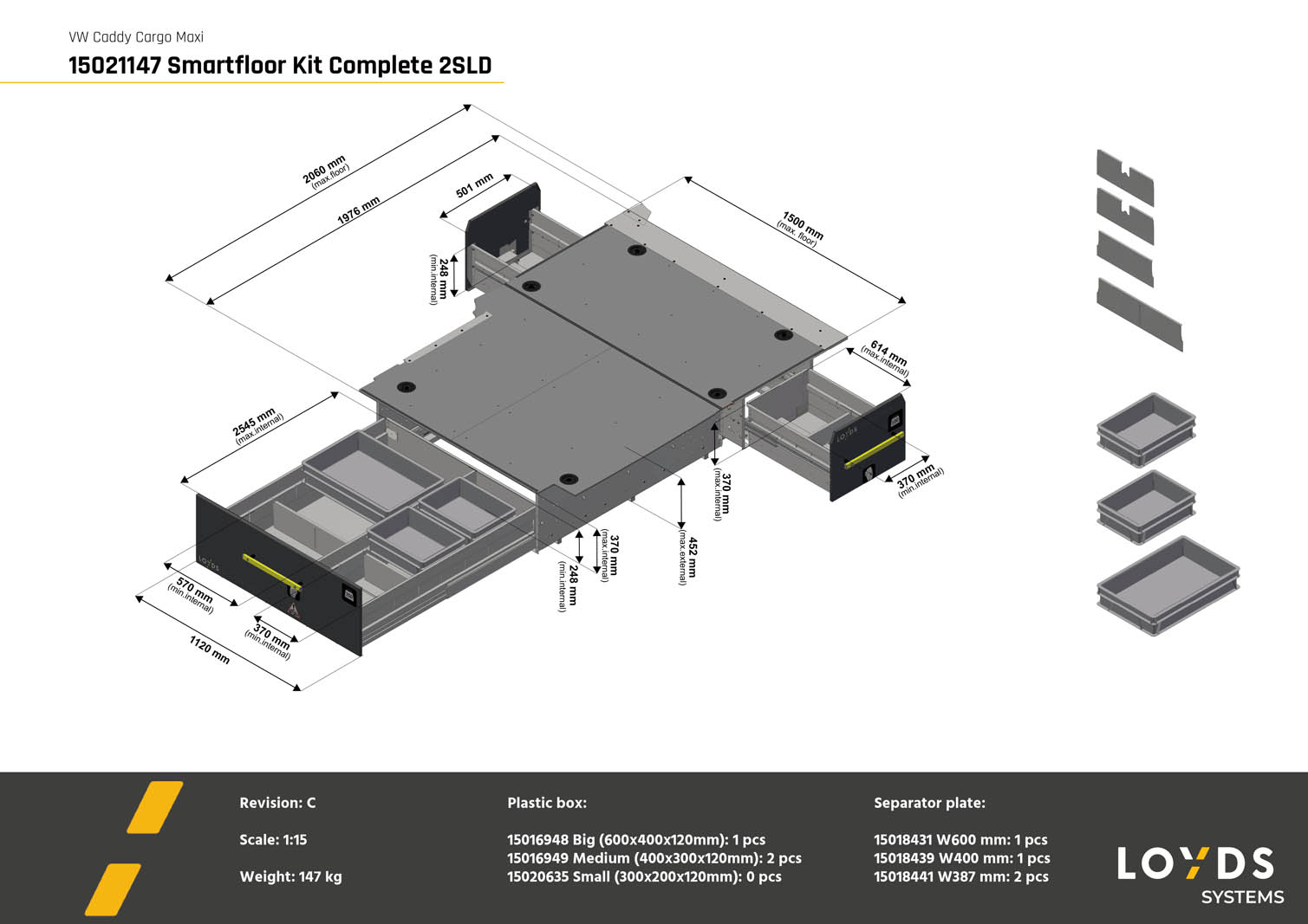 3D-illustration av ett komplett Smartfloor dubbelgolv till Volkswagen Caddy Cargo Maxi med två skjutdörrar