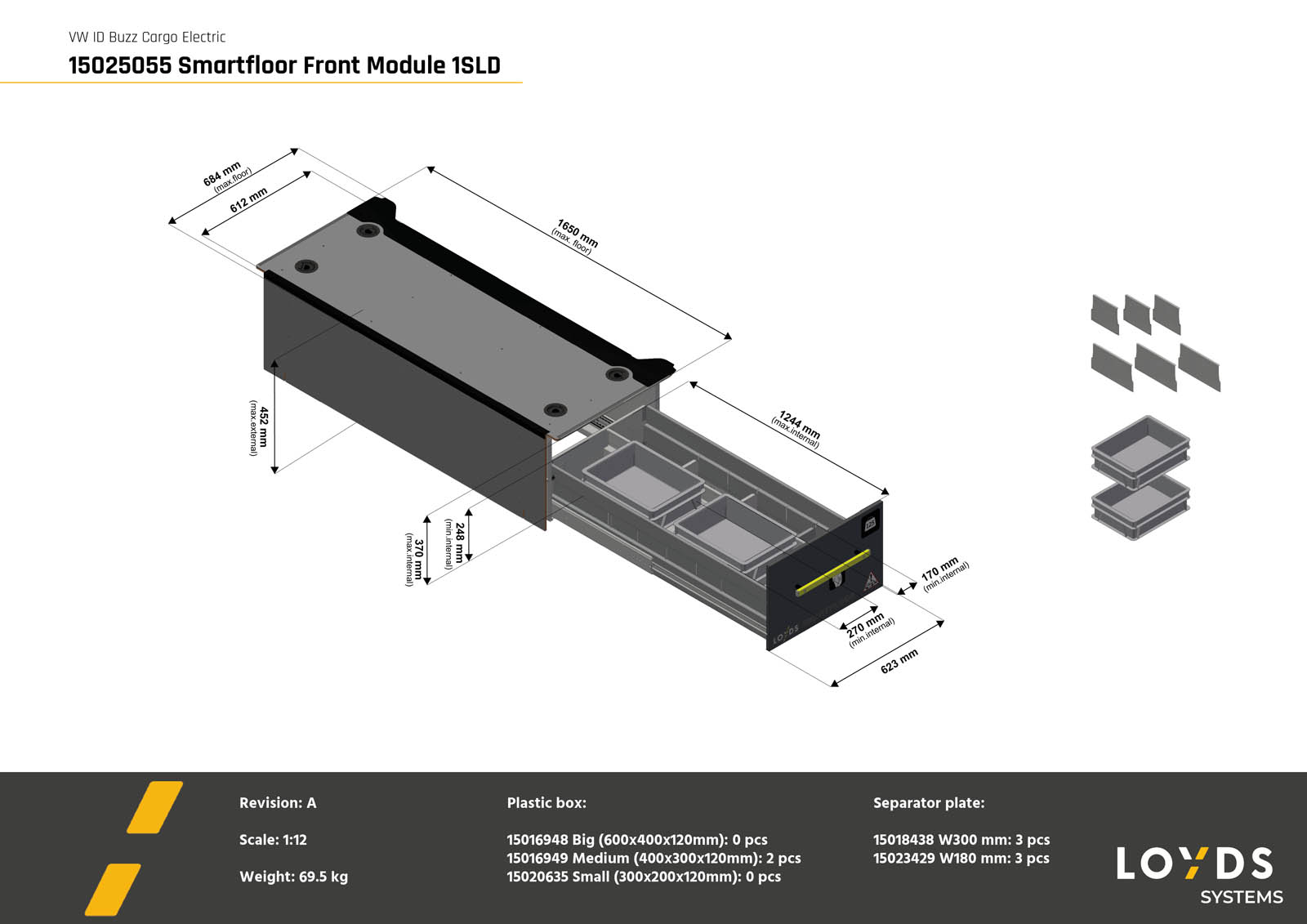 3D-illustration av Smartfloor dubbelgolv frontmodul till Volkswagen ID Buzz Cargo med en skjutdörr