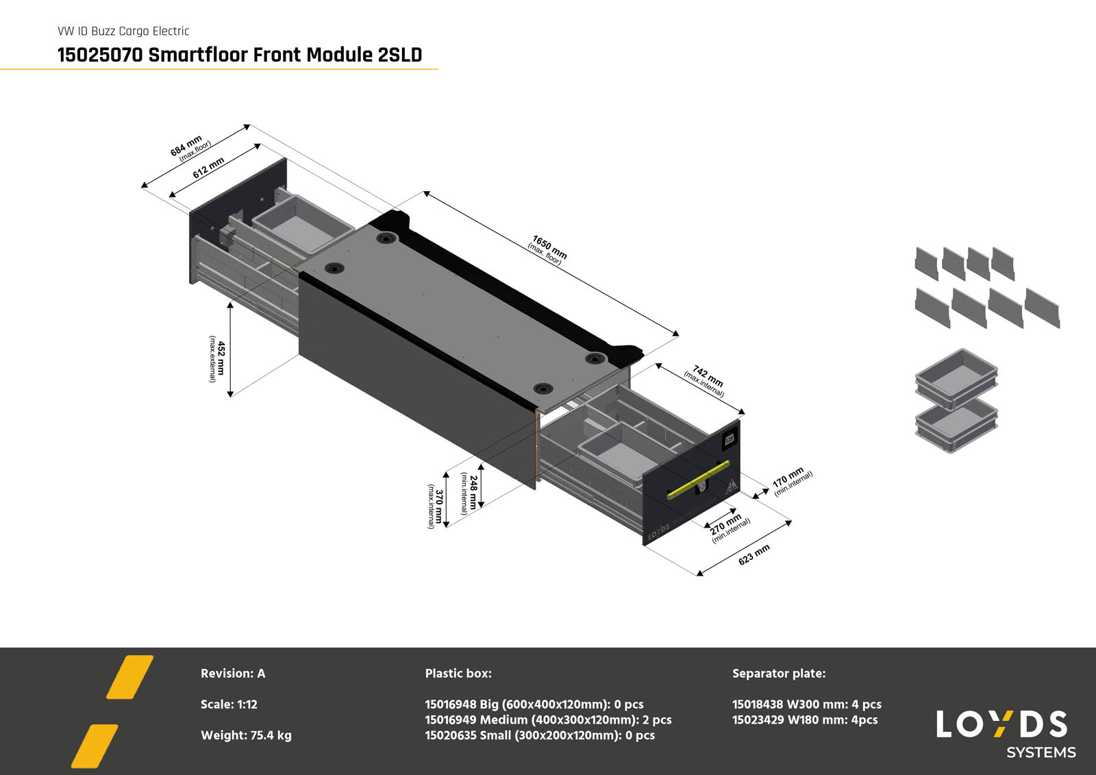 3D-illustration av Smartfloor dubbelgolv frontmodul till Volkswagen ID Buzz Cargo med två skjutdörrar