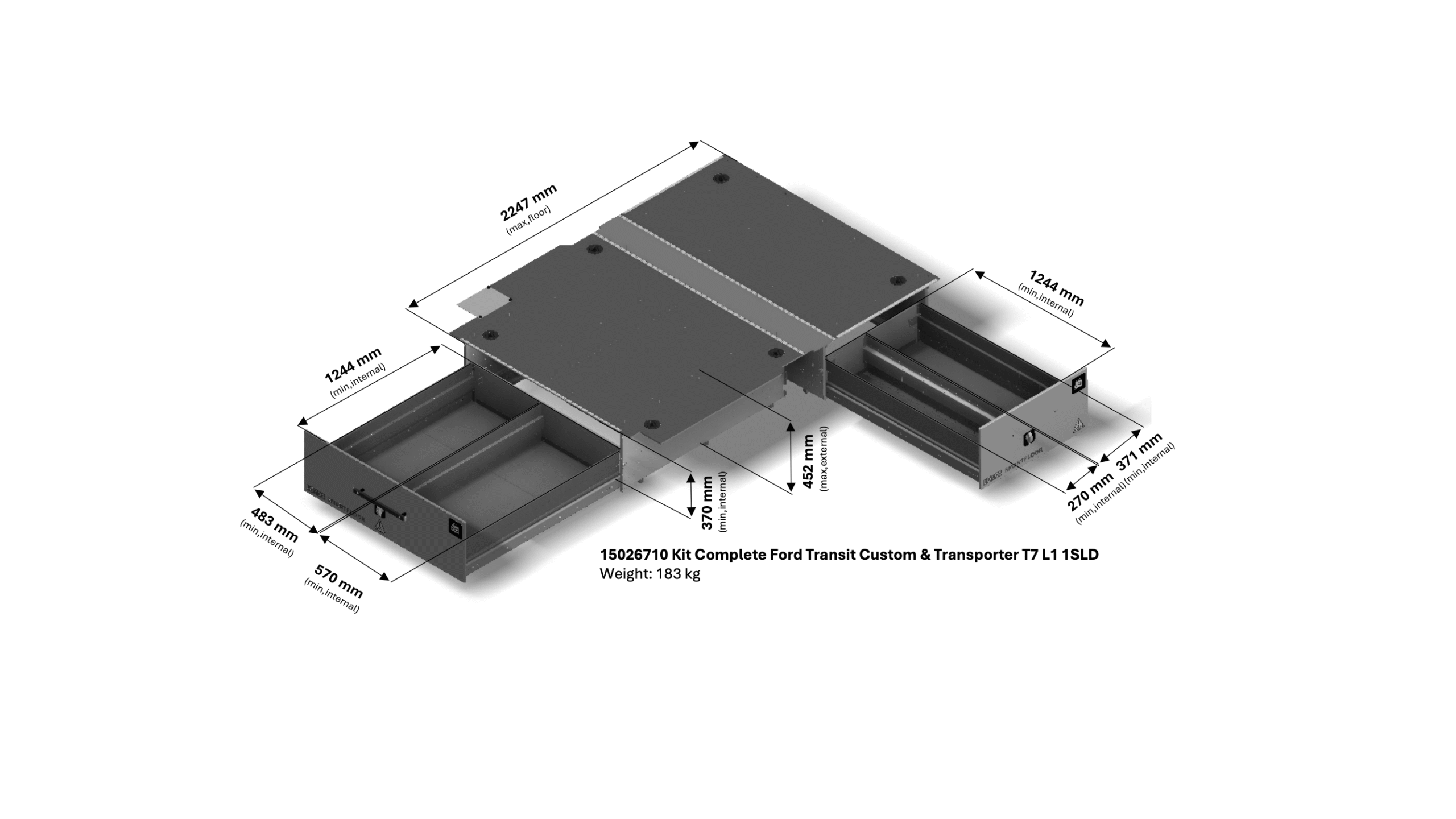3D-illustation på Smartfloor Ford Transit Custom artikelnummer 15026710 L1 med 1SLD