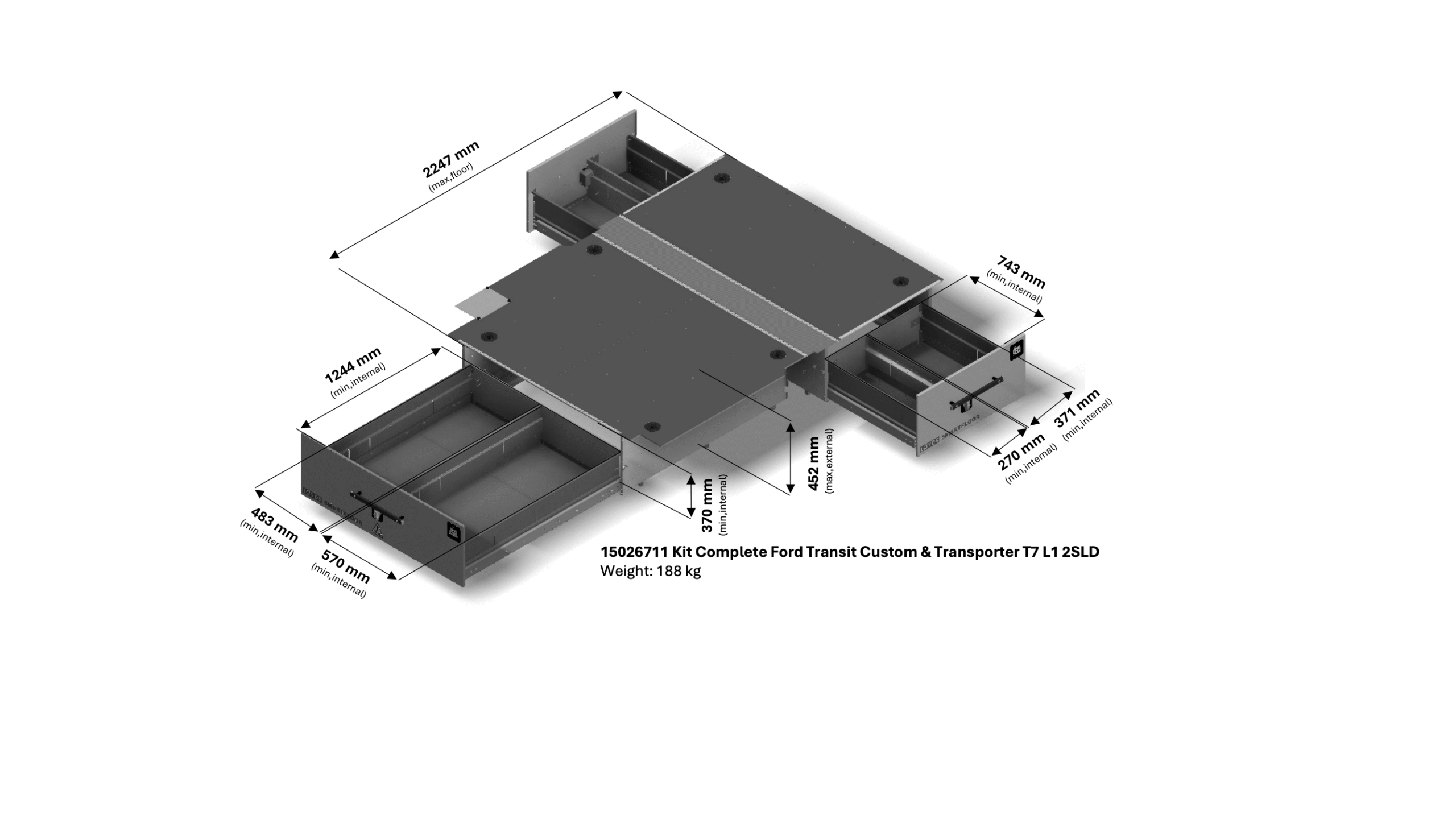 3D-illustation på Smartfloor Ford Transit Custom L1 med 2SLD