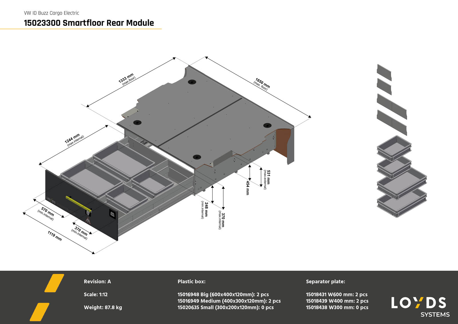 3D-illustration av en Smartfloor bakmodul till Volkswagen ID Buzz Cargo