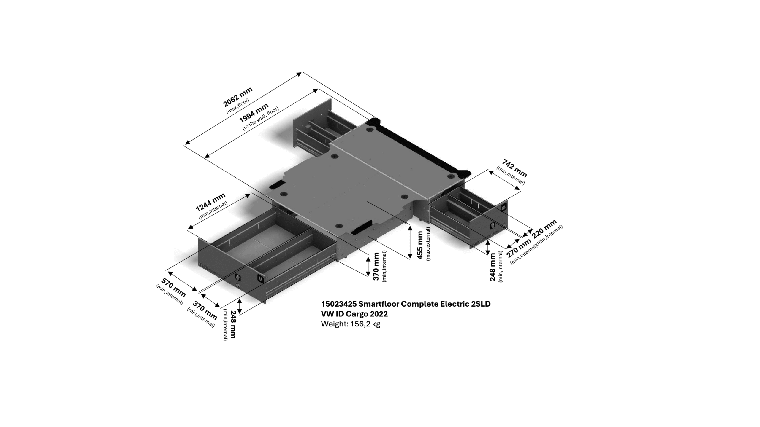 3D-illustration på Loyds Systems Smartfloor komplett system till Volkswagen ID Buzz Cargo 2-SLD