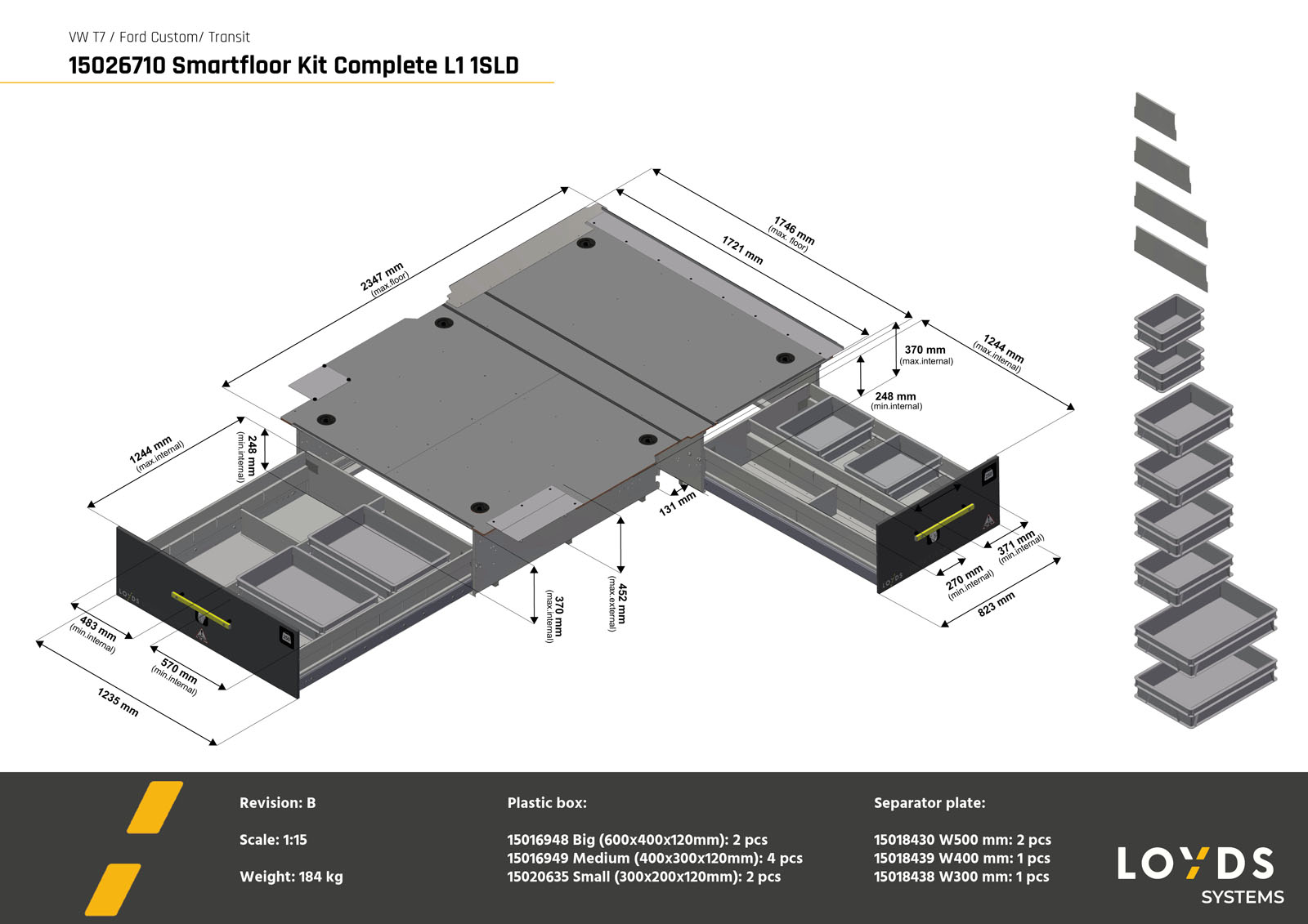 3D-illustration av ett komplett Smartfloor dubbelgolv till Volkswagen Transporter 7 eller Ford Transit Custom L1 med en skjutdörr