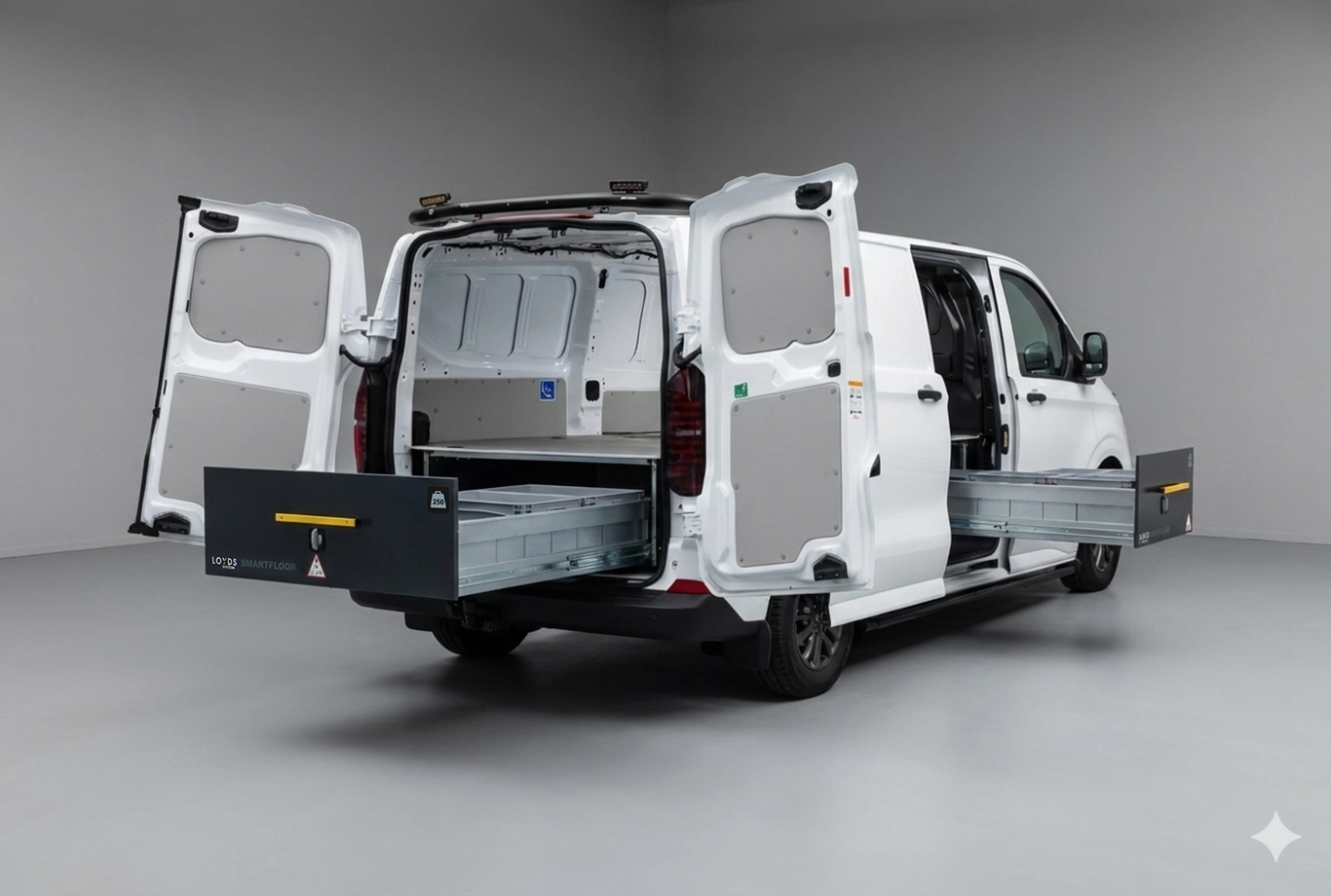 Loyds Systems dubbelgolv Smartfloor i en Volkswagen Transporter 7 L2 med en skjutdörr i en grå studiomiljö genererad med AI