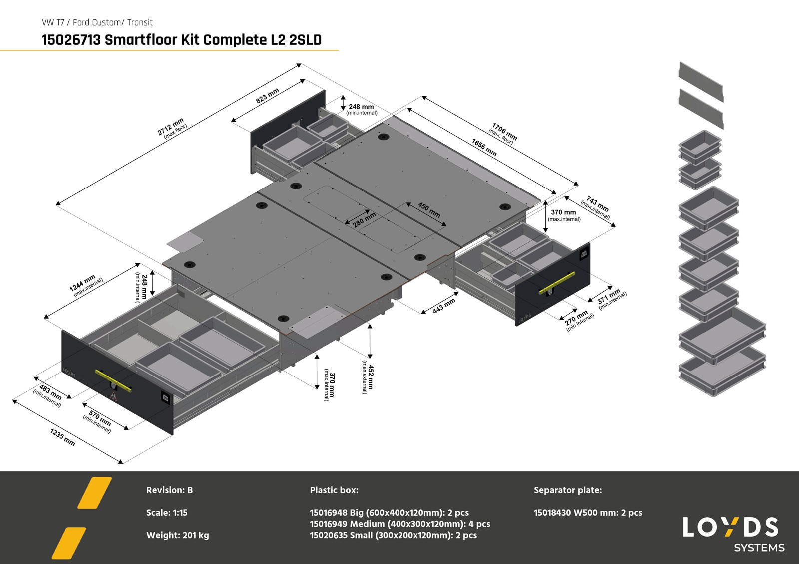 3D-illustration av ett komplett Smartfloor dubbelgolv till Volkswagen Transporter 7 eller Ford Transit Custom L2 med två skjutdörrar