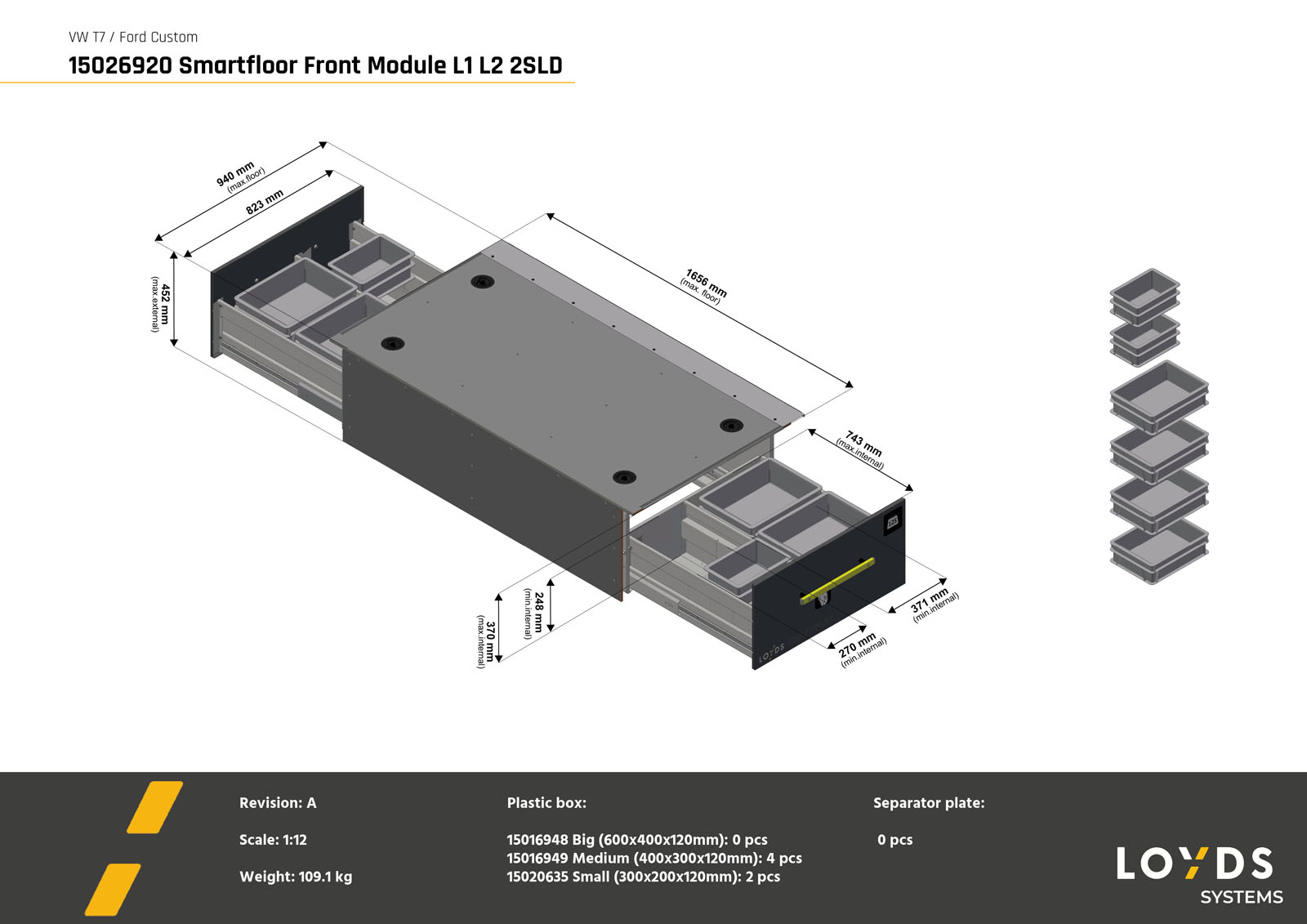 Smartfloor dubbelgolv 3D-illustration av en frontmodul till Volkswagen Transporter 7 eller Ford Transit Custom med två skjutdörrar