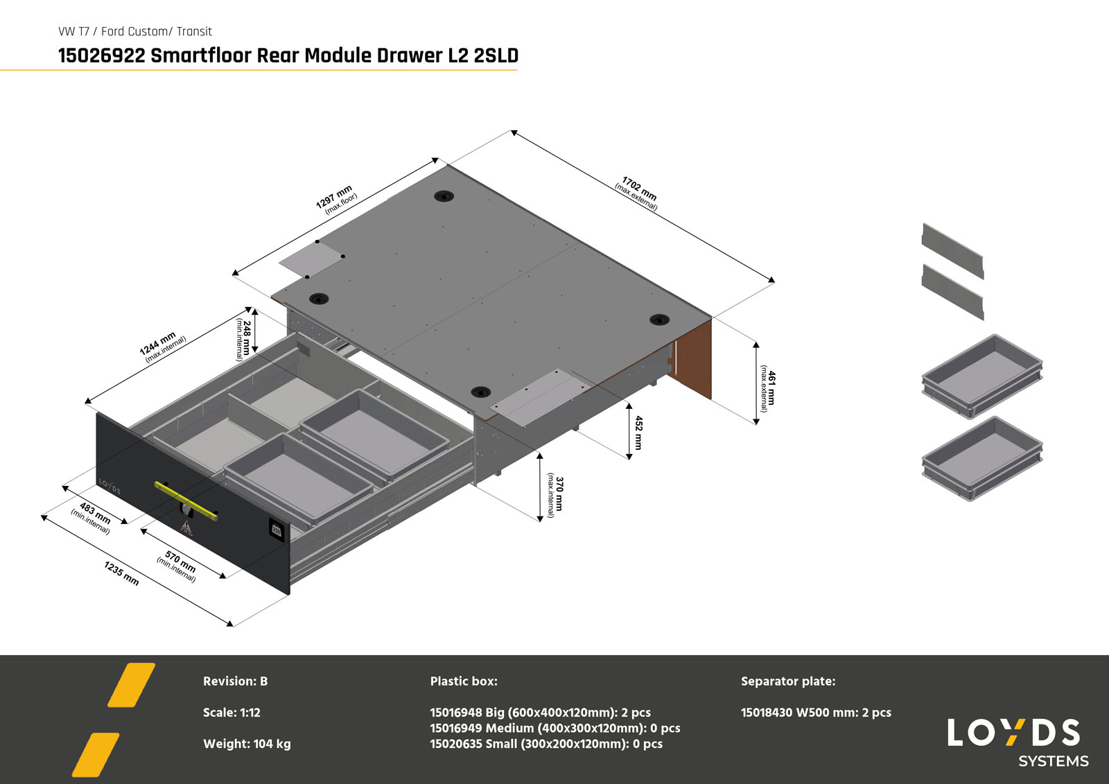 Smartfloor dubbelgolv 3D-illustration av en bakmodul till Volkswagen Transporter 7 eller Ford Transit Custom L2