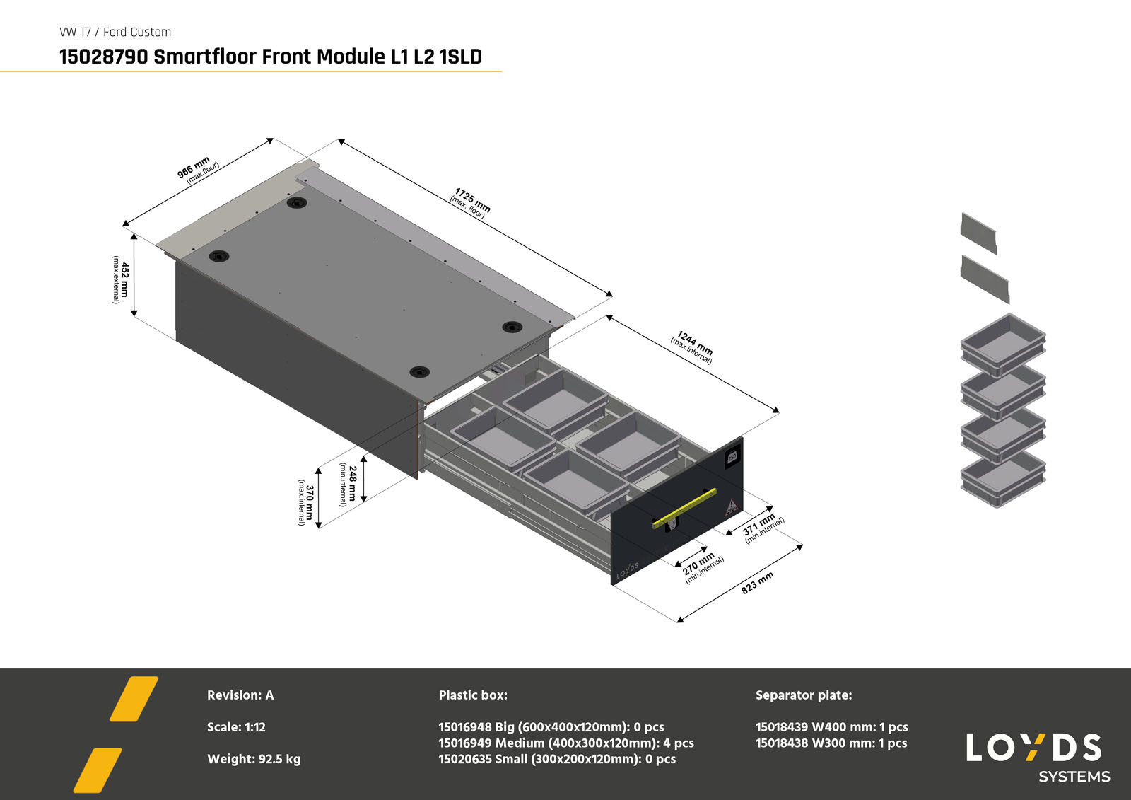 Smartfloor dubbelgolv 3D-illustration av en frontmodul till Volkswagen Transporter 7 eller Ford Transit Custom med en skjutdörr